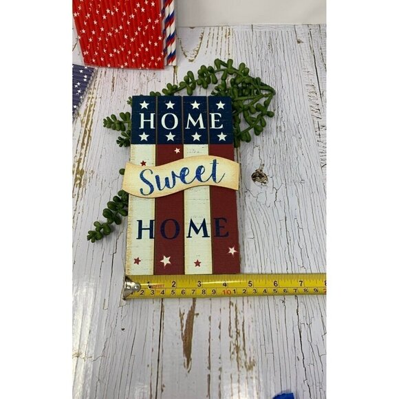 Patriotic Home Sweet Home Sign 8 Inch 54 Paper Straws Stars Stripes Red White - Picture 5 of 6